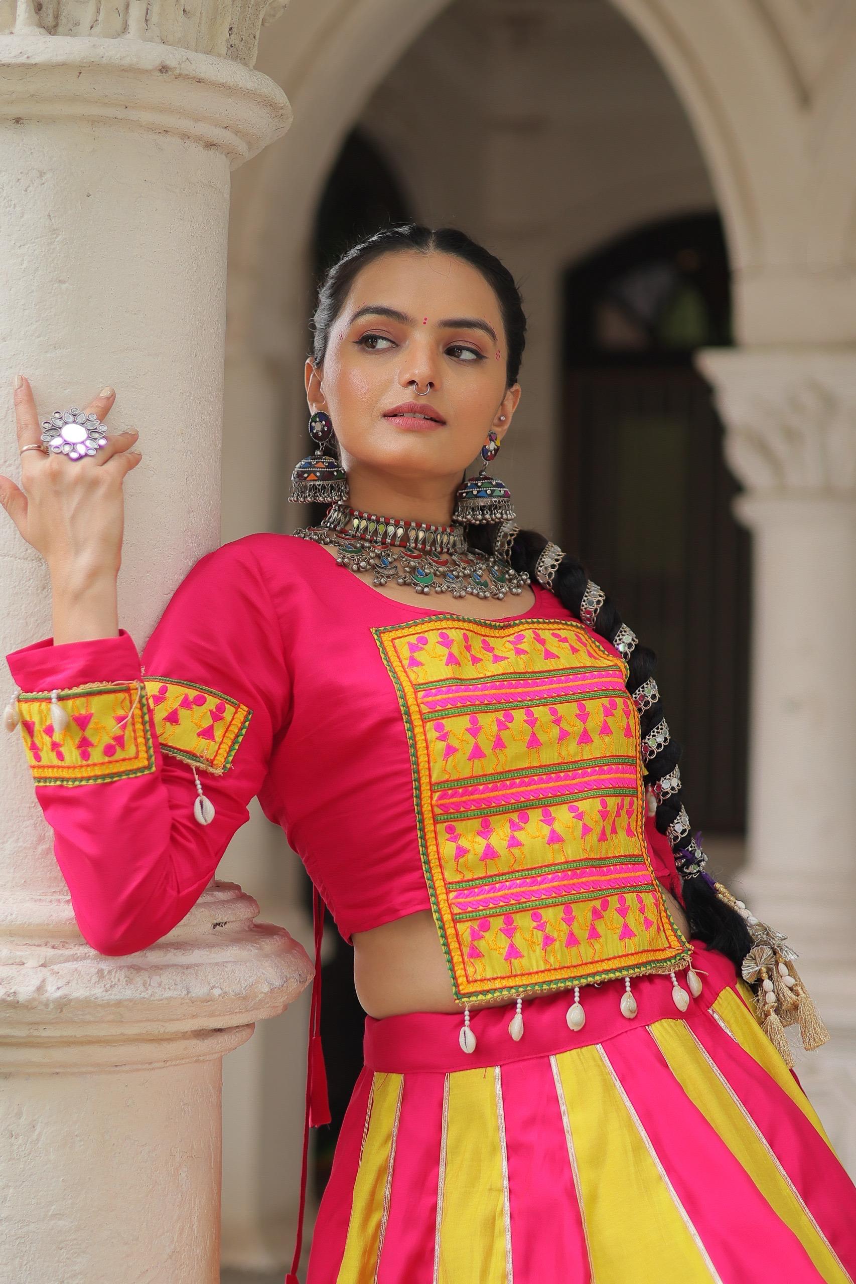 Pink & Yellow Roman Fabric Lehenga Choli