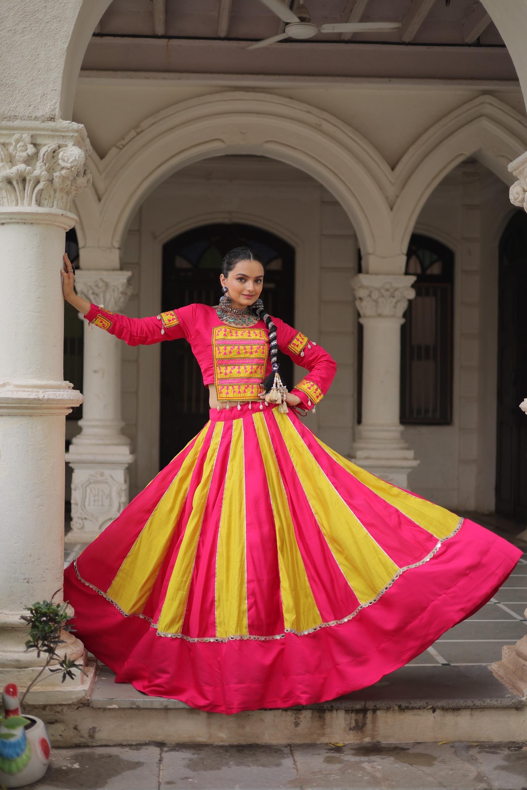 Pink & Yellow Roman Fabric Lehenga Choli