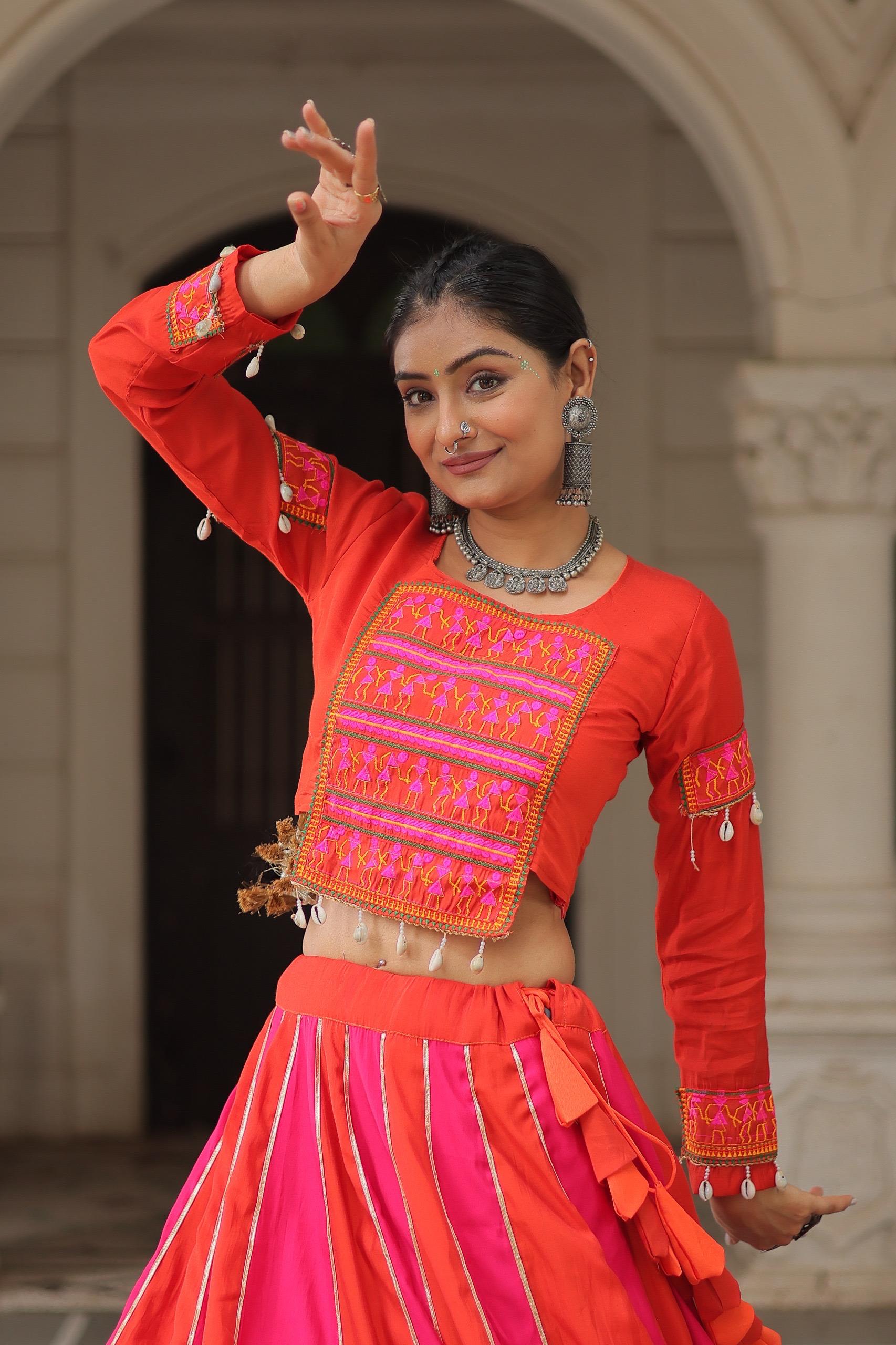 Orange pink thread mirror embroidered roman silk stitched lehenga choli