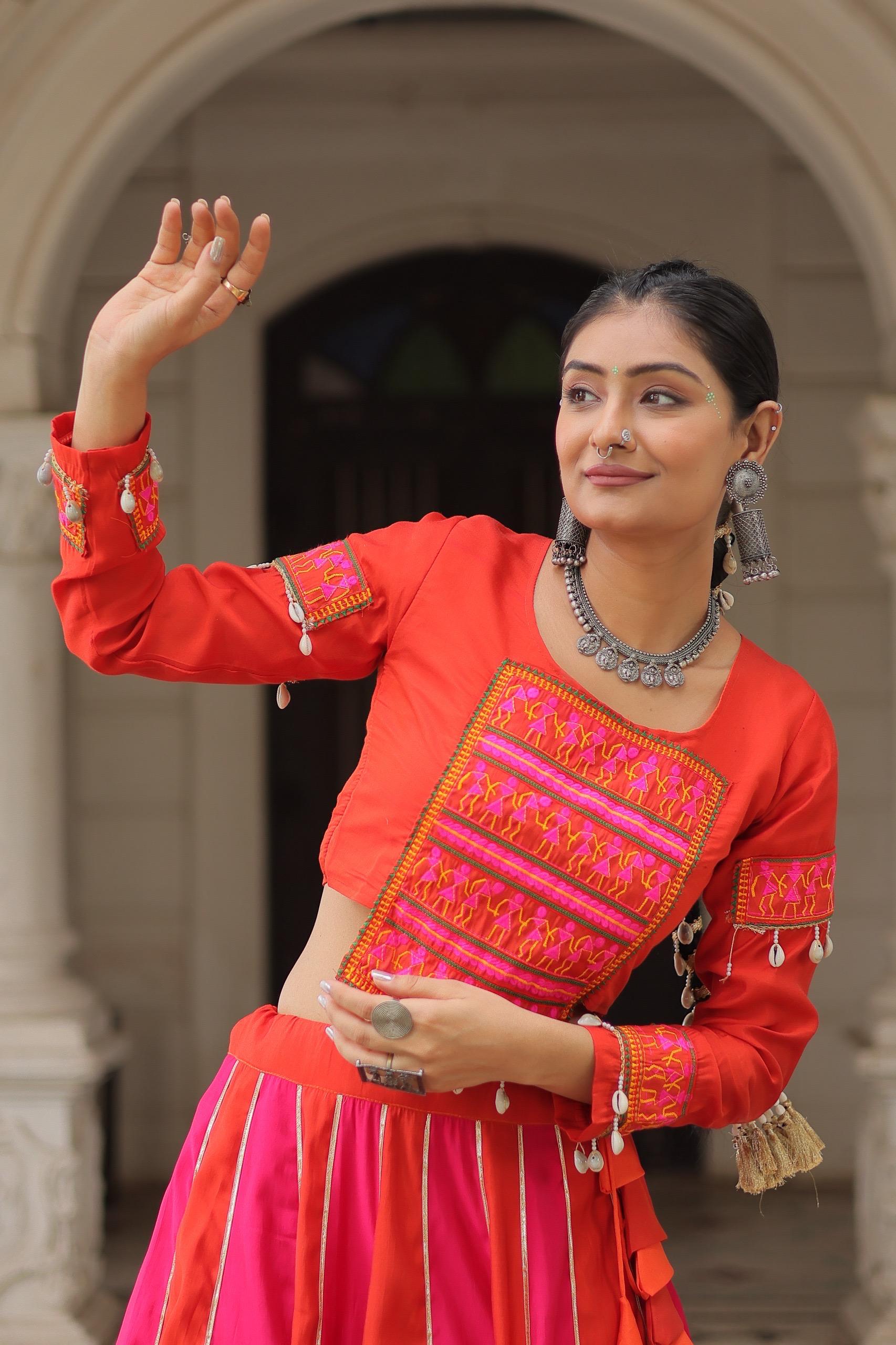 Orange pink thread mirror embroidered roman silk stitched lehenga choli