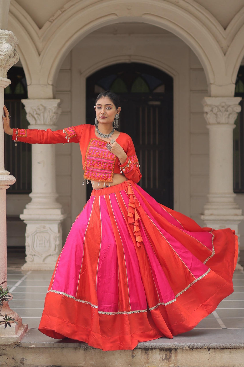 Orange pink thread mirror embroidered roman silk stitched lehenga choli