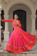 Orange pink thread mirror embroidered roman silk stitched lehenga choli
