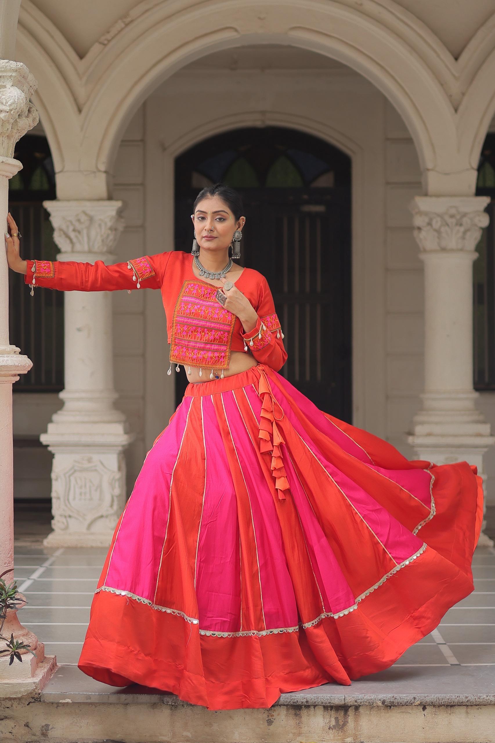 Orange pink thread mirror embroidered roman silk stitched lehenga choli