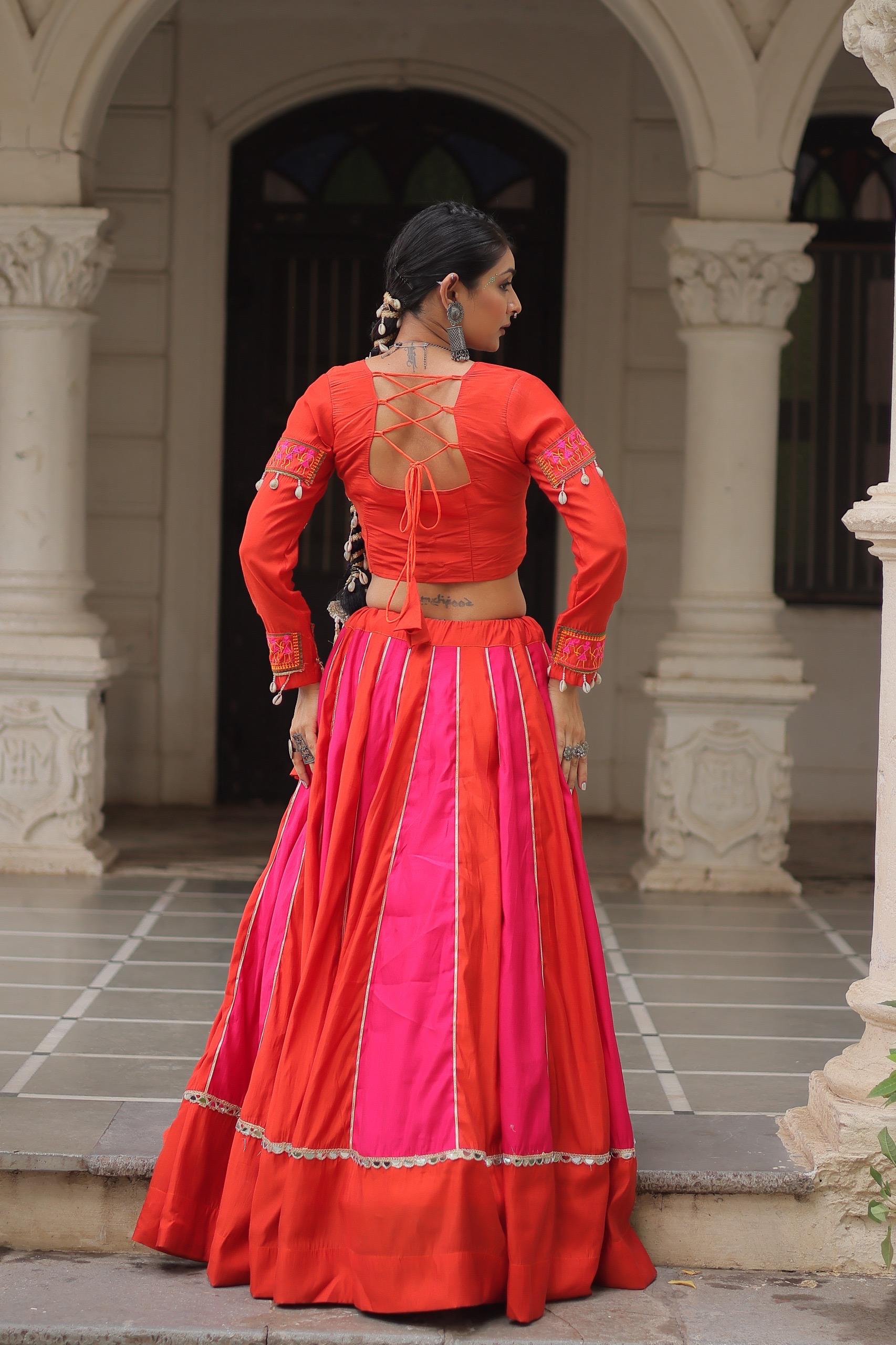 Orange pink thread mirror embroidered roman silk stitched lehenga choli