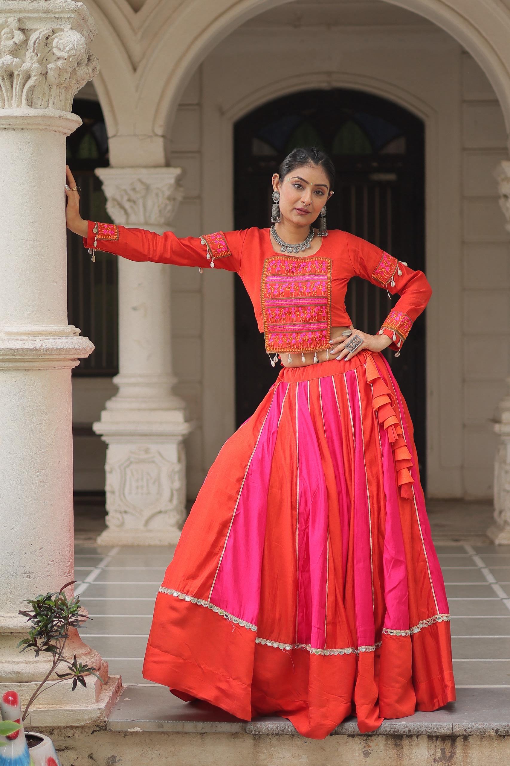 Orange pink thread mirror embroidered roman silk stitched lehenga choli