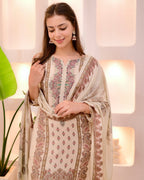 Off White Printed Straight Suit Set With Dupatta