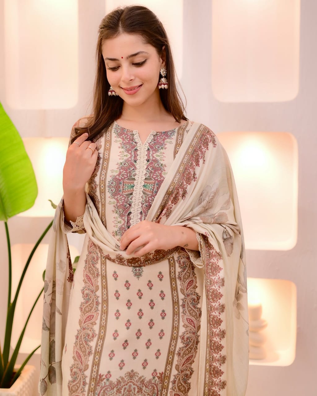 Off White Printed Straight Suit Set With Dupatta