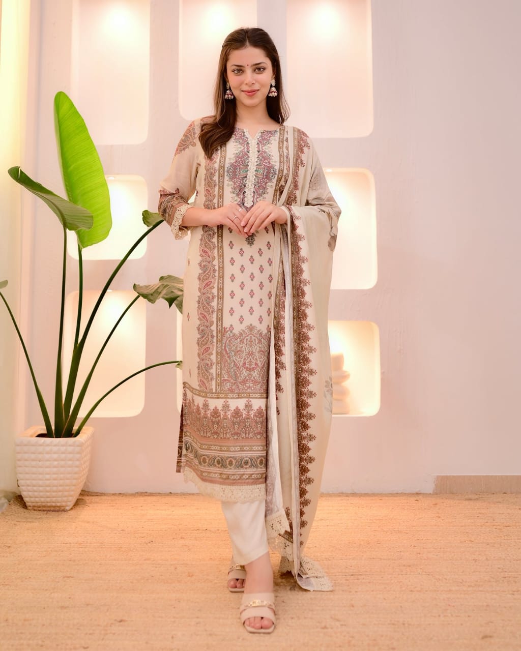 Off White Printed Straight Suit Set With Dupatta
