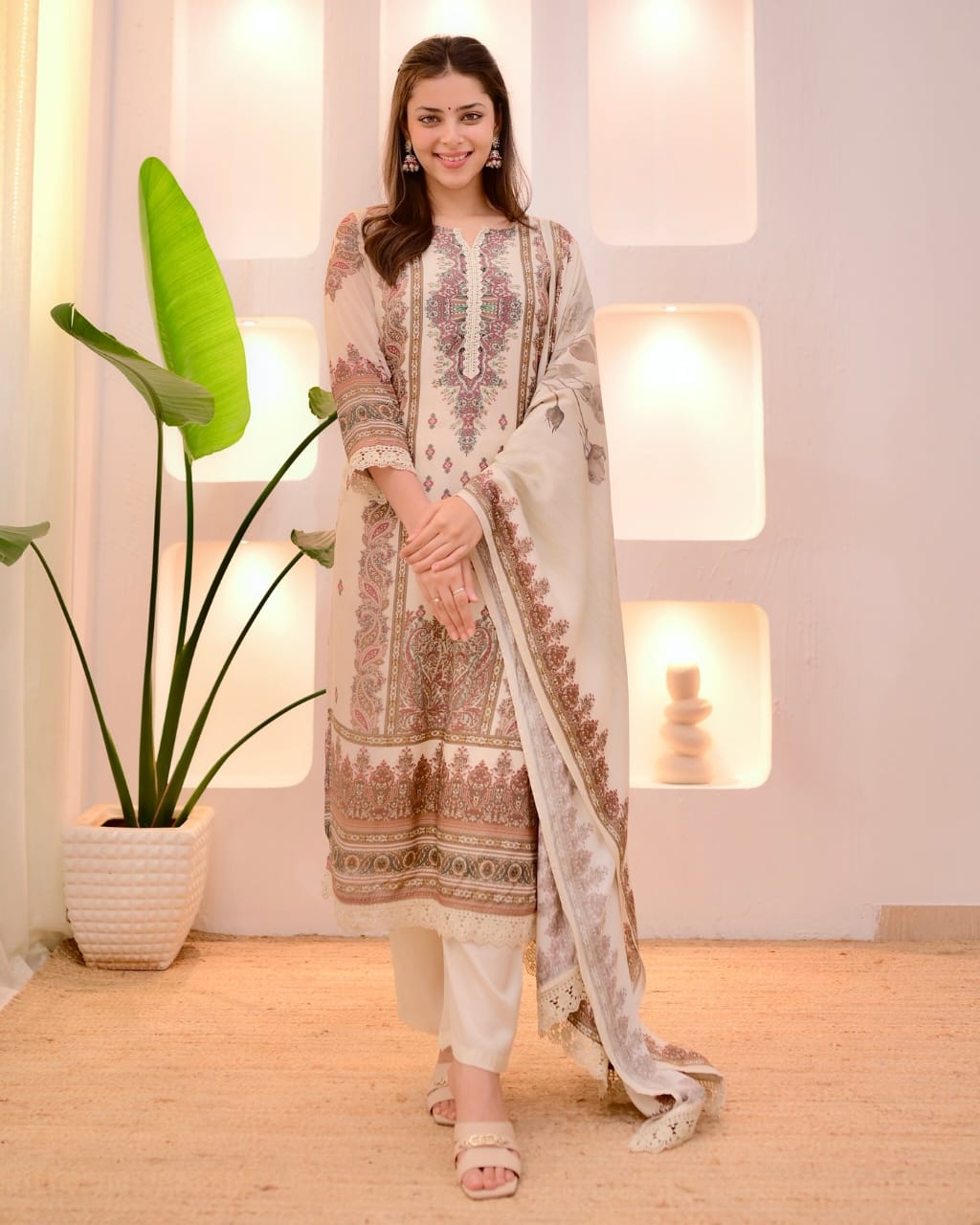 Off White Printed Straight Suit Set With Dupatta