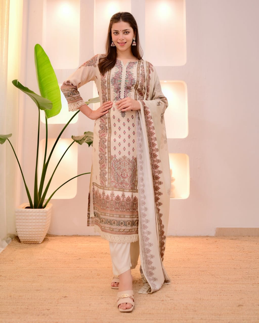 Off White Printed Straight Suit Set With Dupatta
