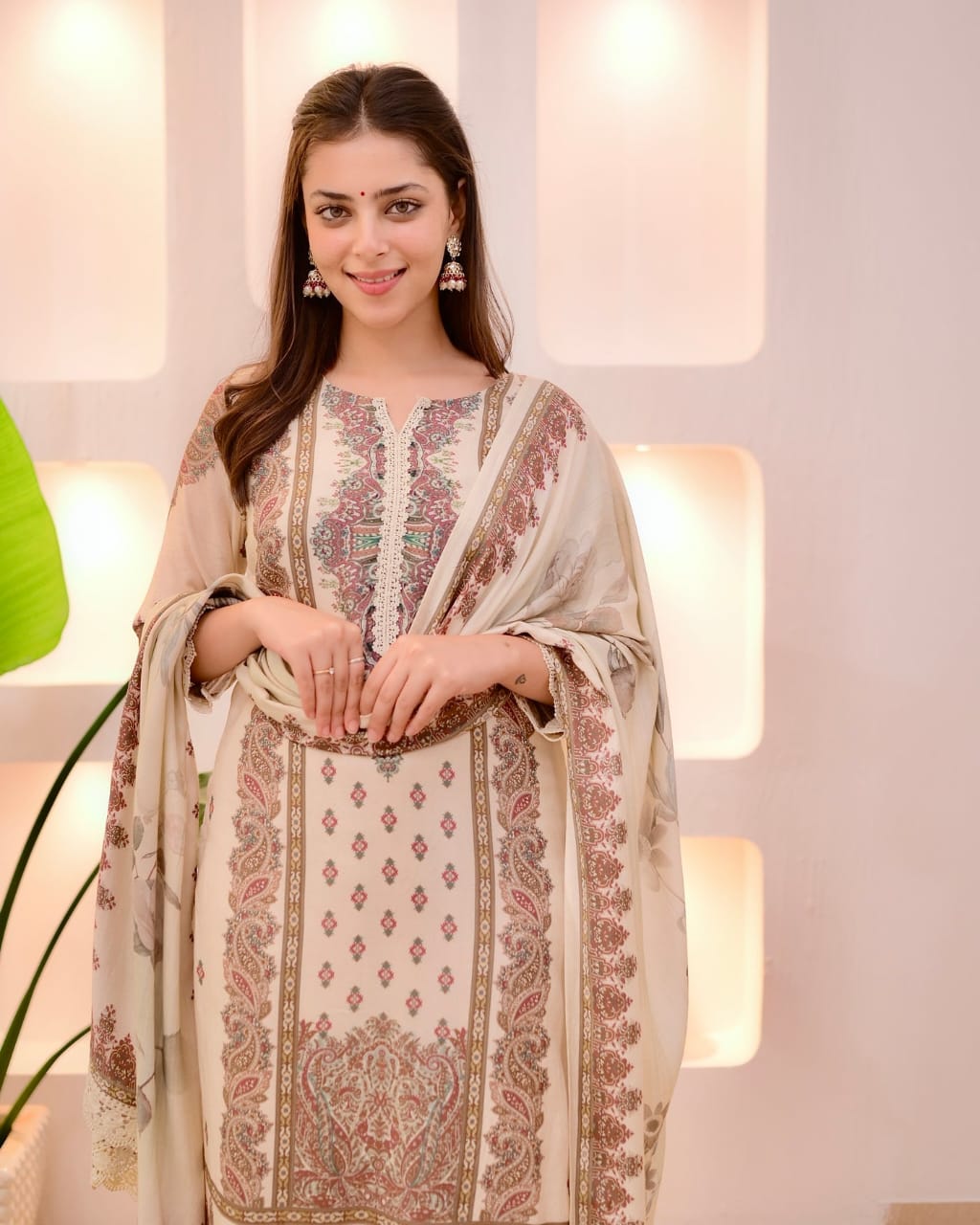 Off White Printed Straight Suit Set With Dupatta