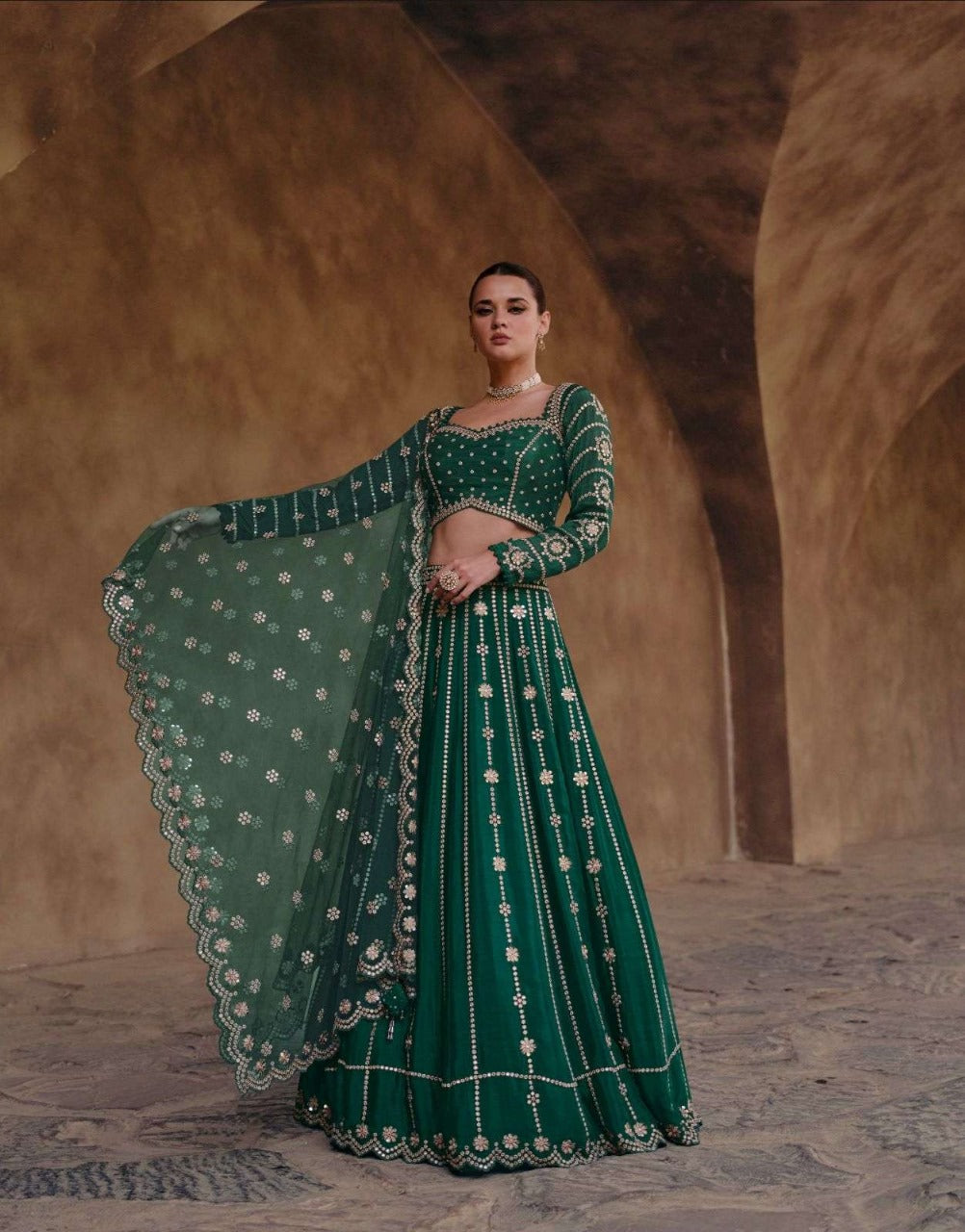 Embroidered Chinon Chiffon Lehenga in Dark Green