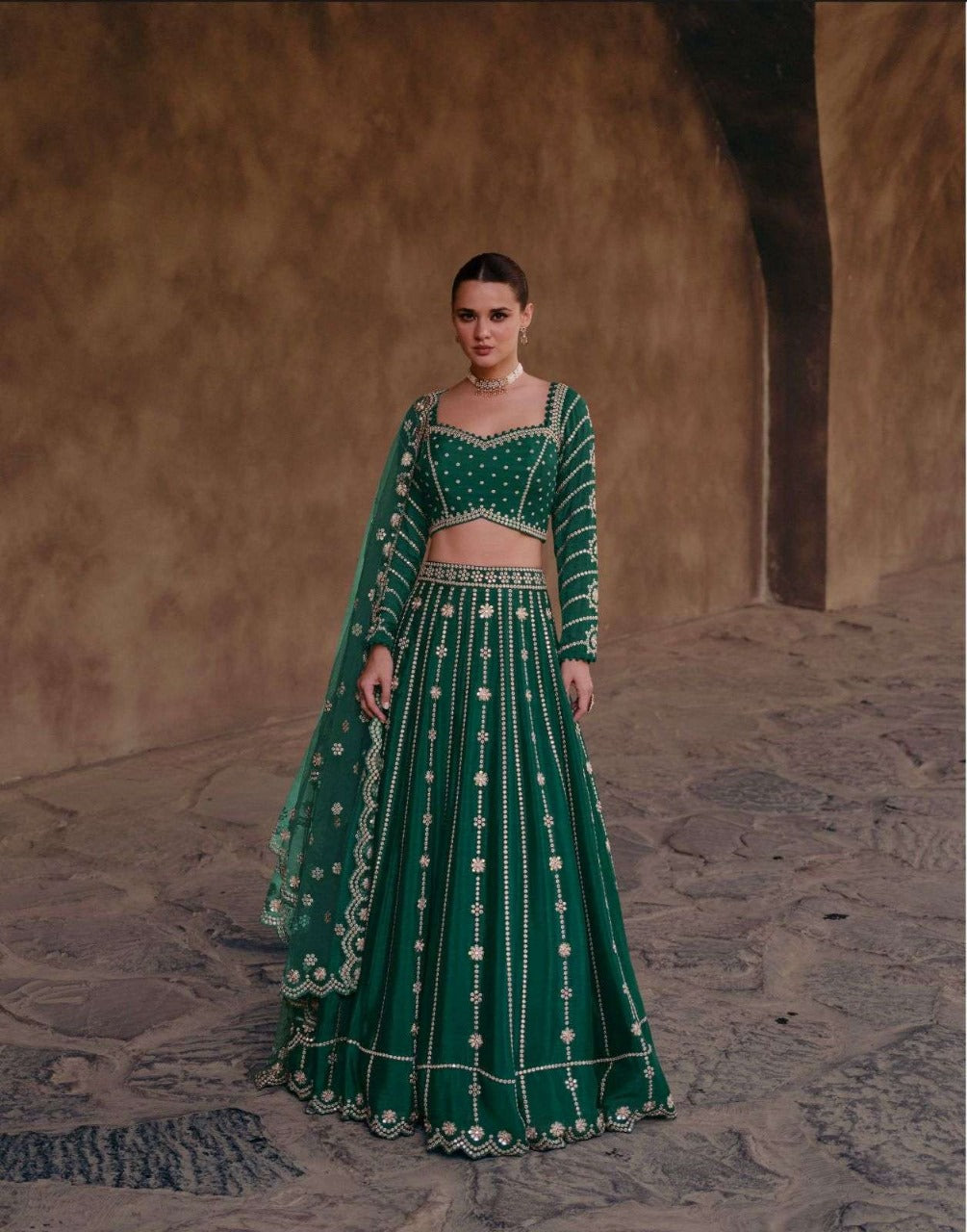 Embroidered Chinon Chiffon Lehenga in Dark Green