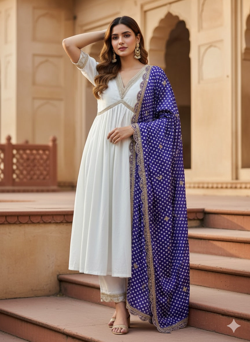 Embroidered Straight Kurta with Pants & Dupatta