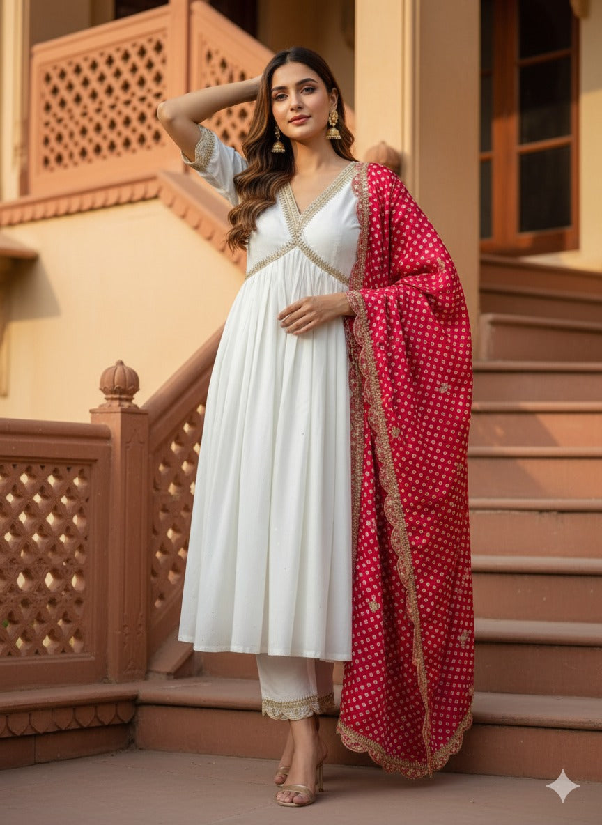 Embroidered Straight Kurta with Pants & Dupatta
