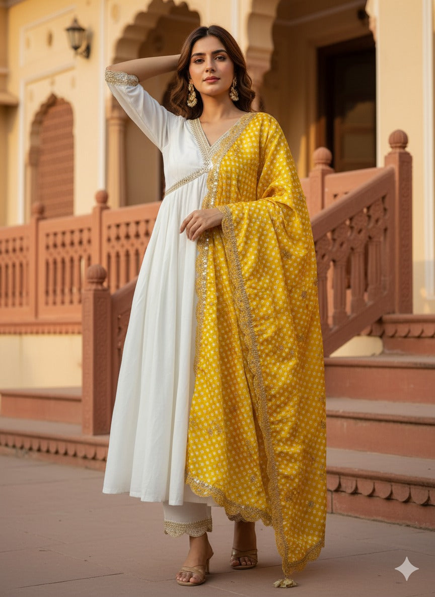 Embroidered Straight Kurta with Pants & Dupatta