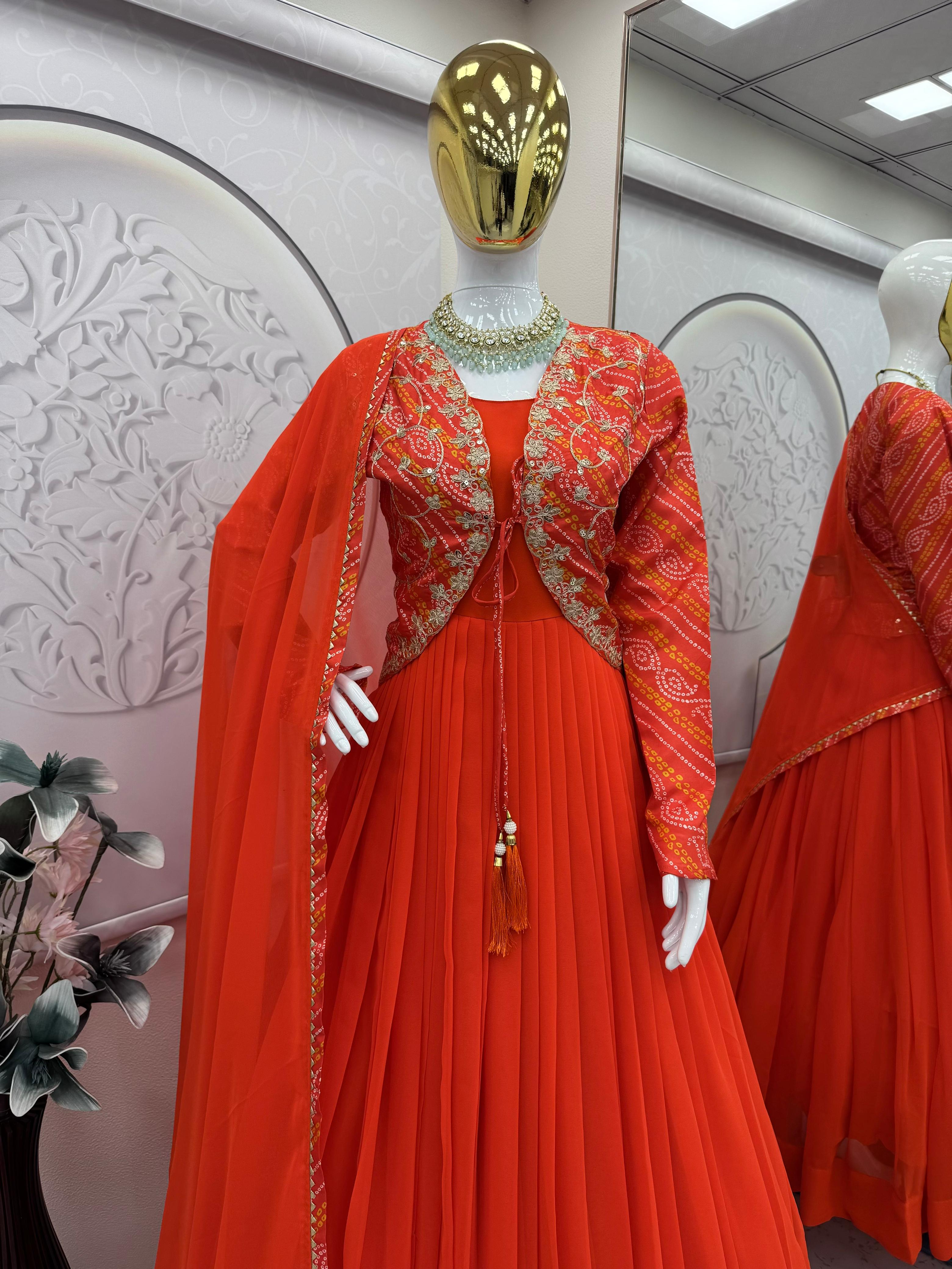 Orange Chiffon Floor Length Gown with Embroidered Jacket
