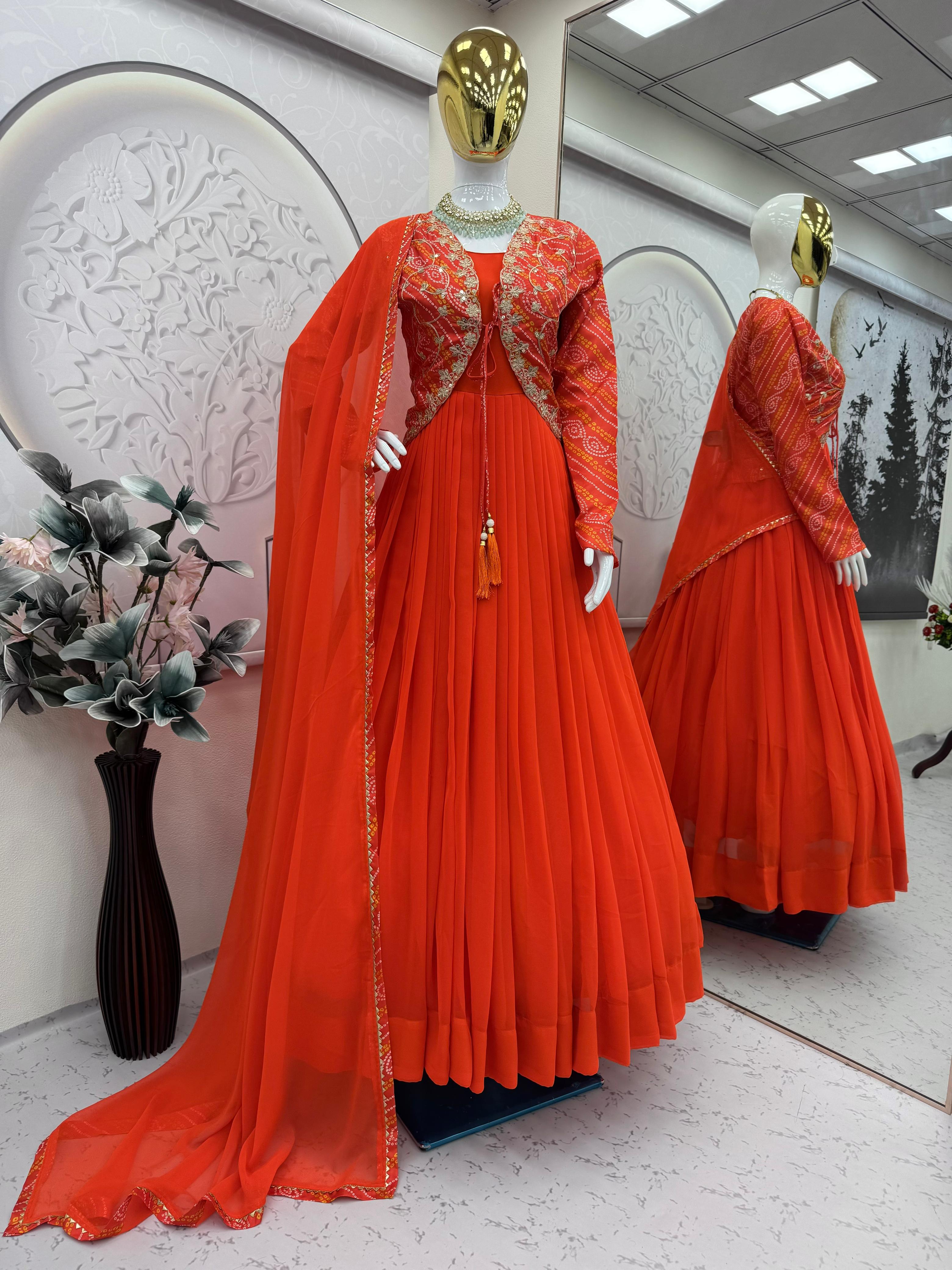 Orange Chiffon Floor Length Gown with Embroidered Jacket