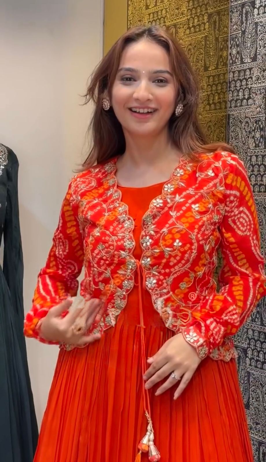 Orange Chiffon Floor Length Gown with Embroidered Jacket