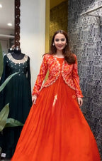 Orange Chiffon Floor Length Gown with Embroidered Jacket