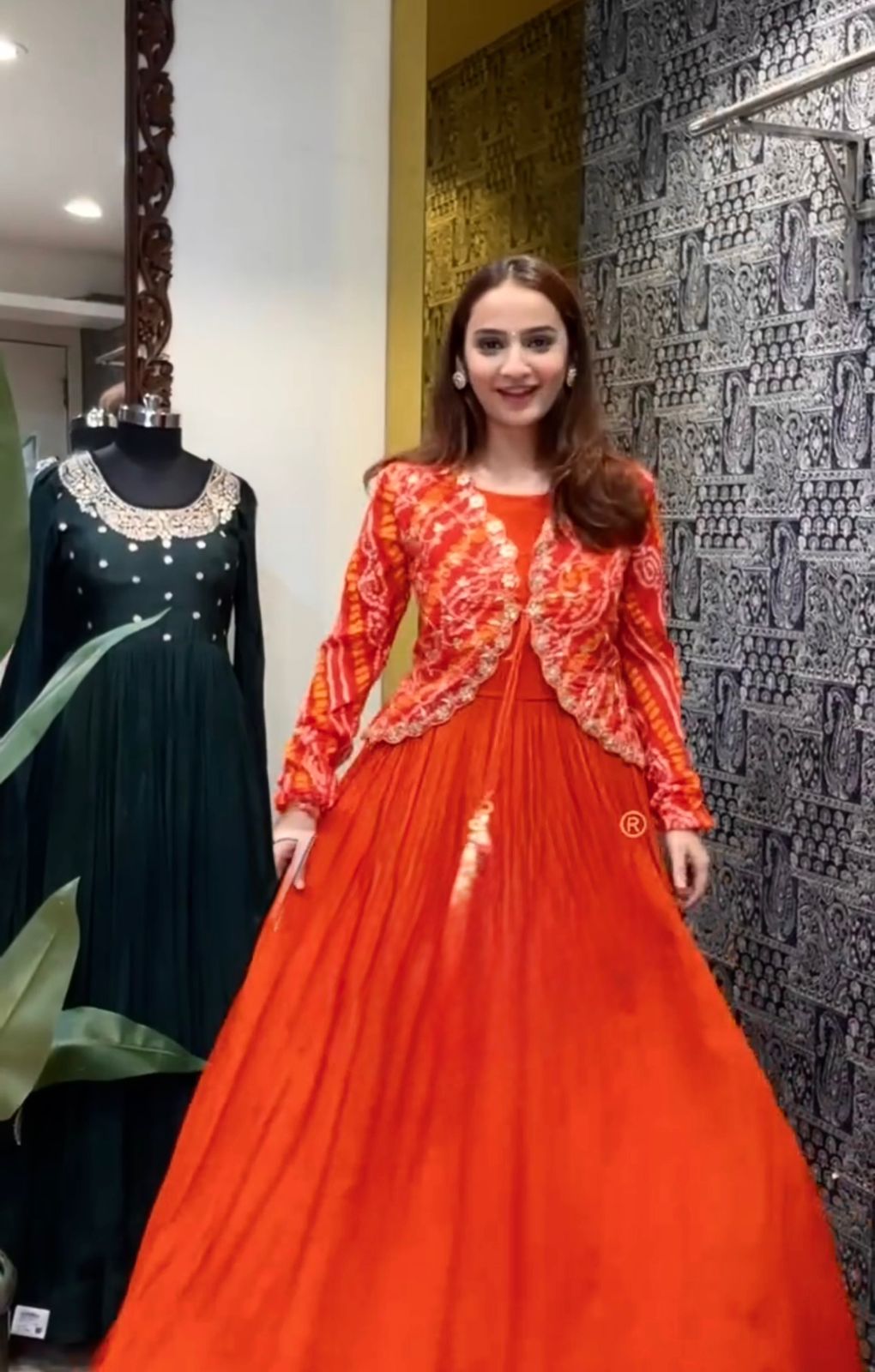 Orange Chiffon Floor Length Gown with Embroidered Jacket