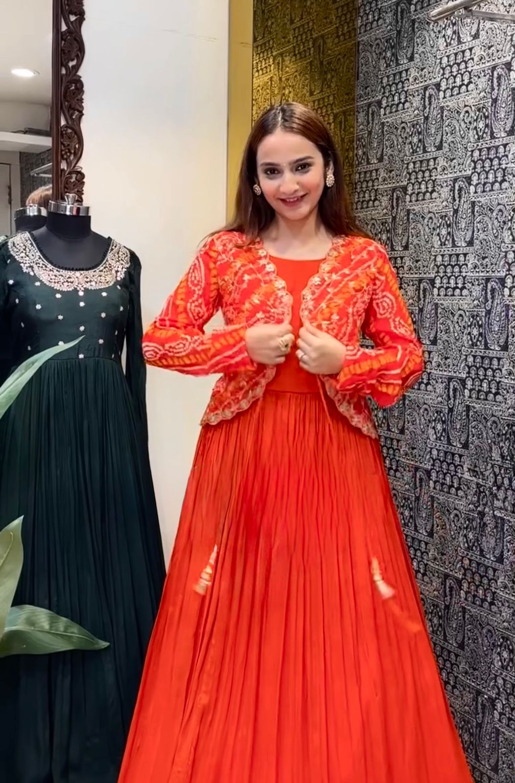 Orange Chiffon Floor Length Gown with Embroidered Jacket