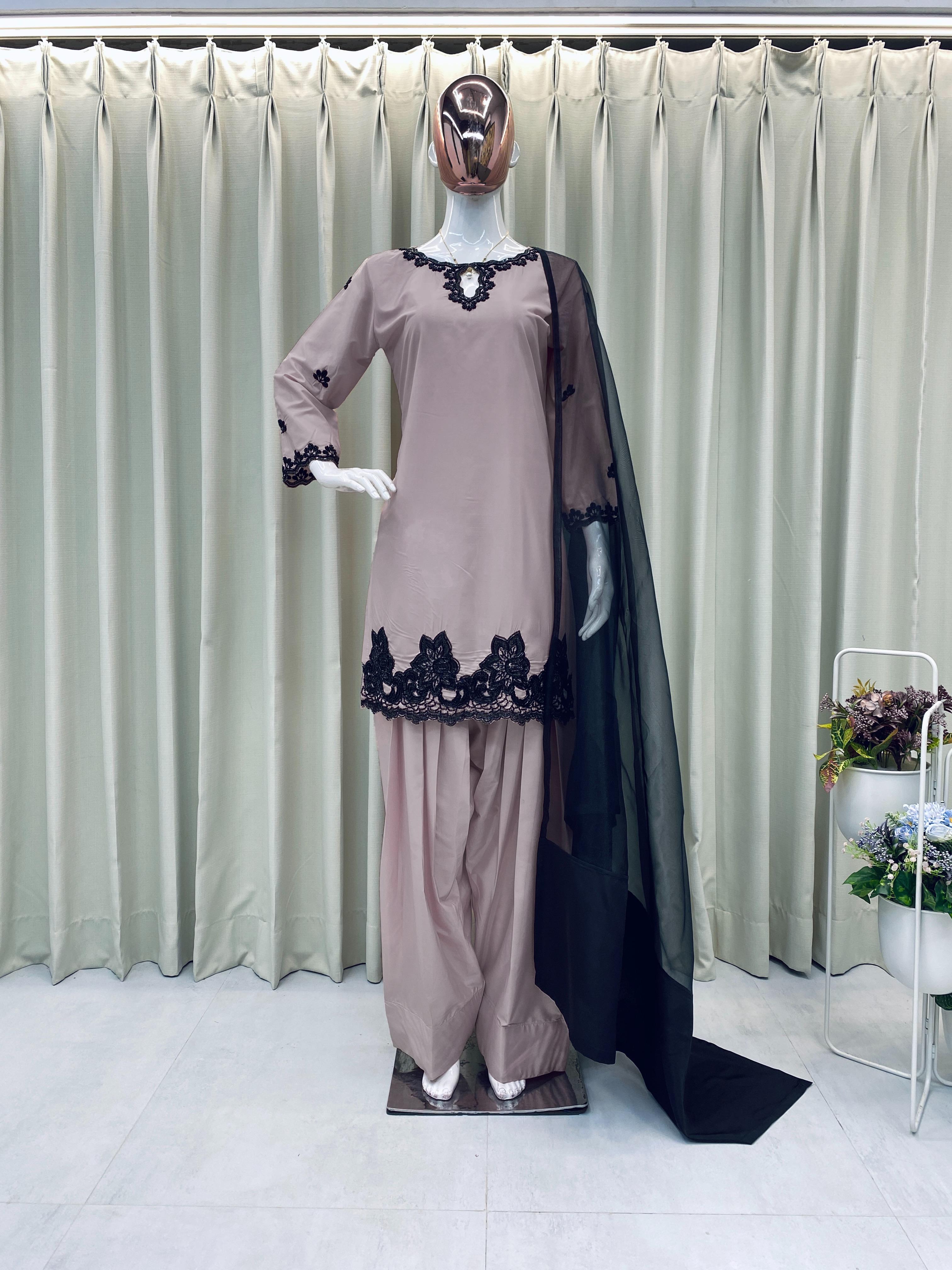 Farshi Palazzo and Kurta in Peach Crepe With Beads Embroidery Dress