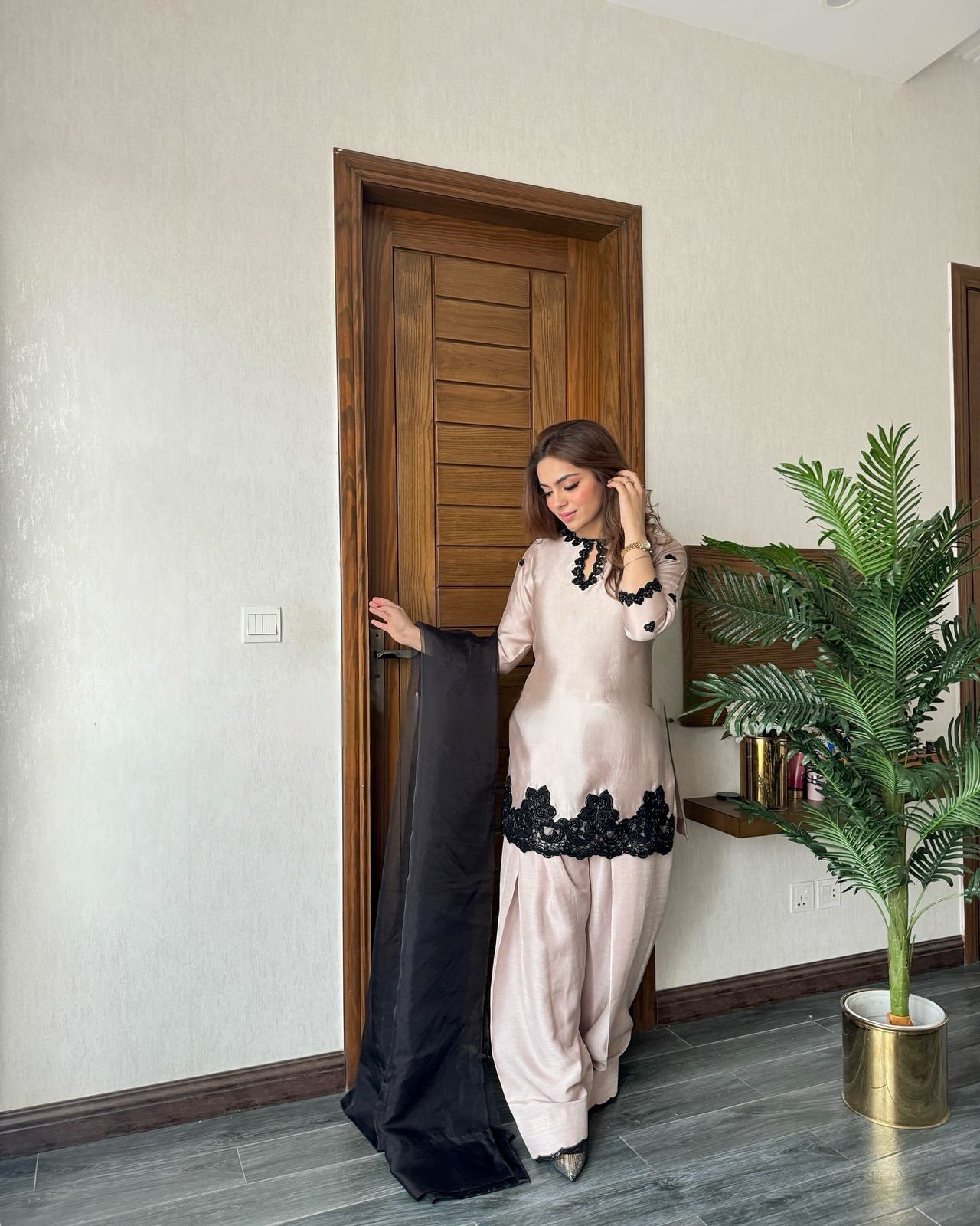Farshi Palazzo and Kurta in Peach Crepe With Beads Embroidery Dress