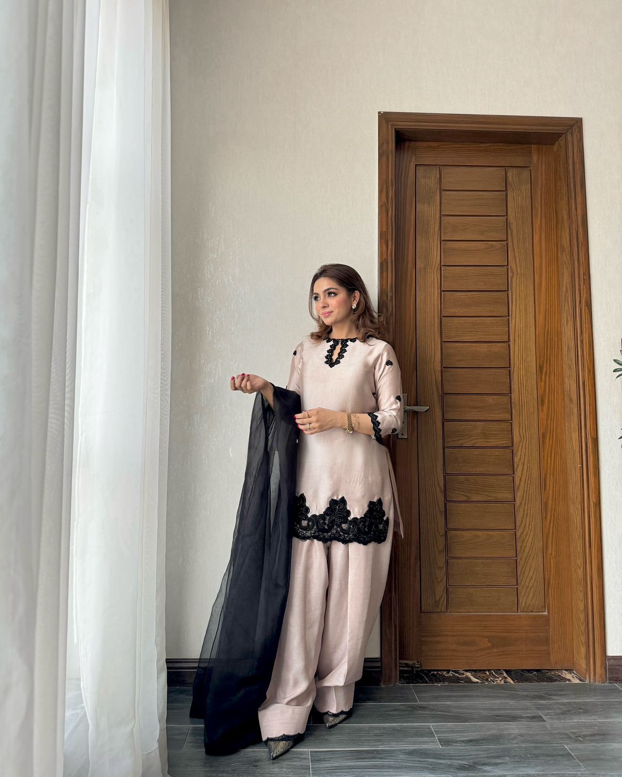 Farshi Palazzo and Kurta in Peach Crepe With Beads Embroidery Dress