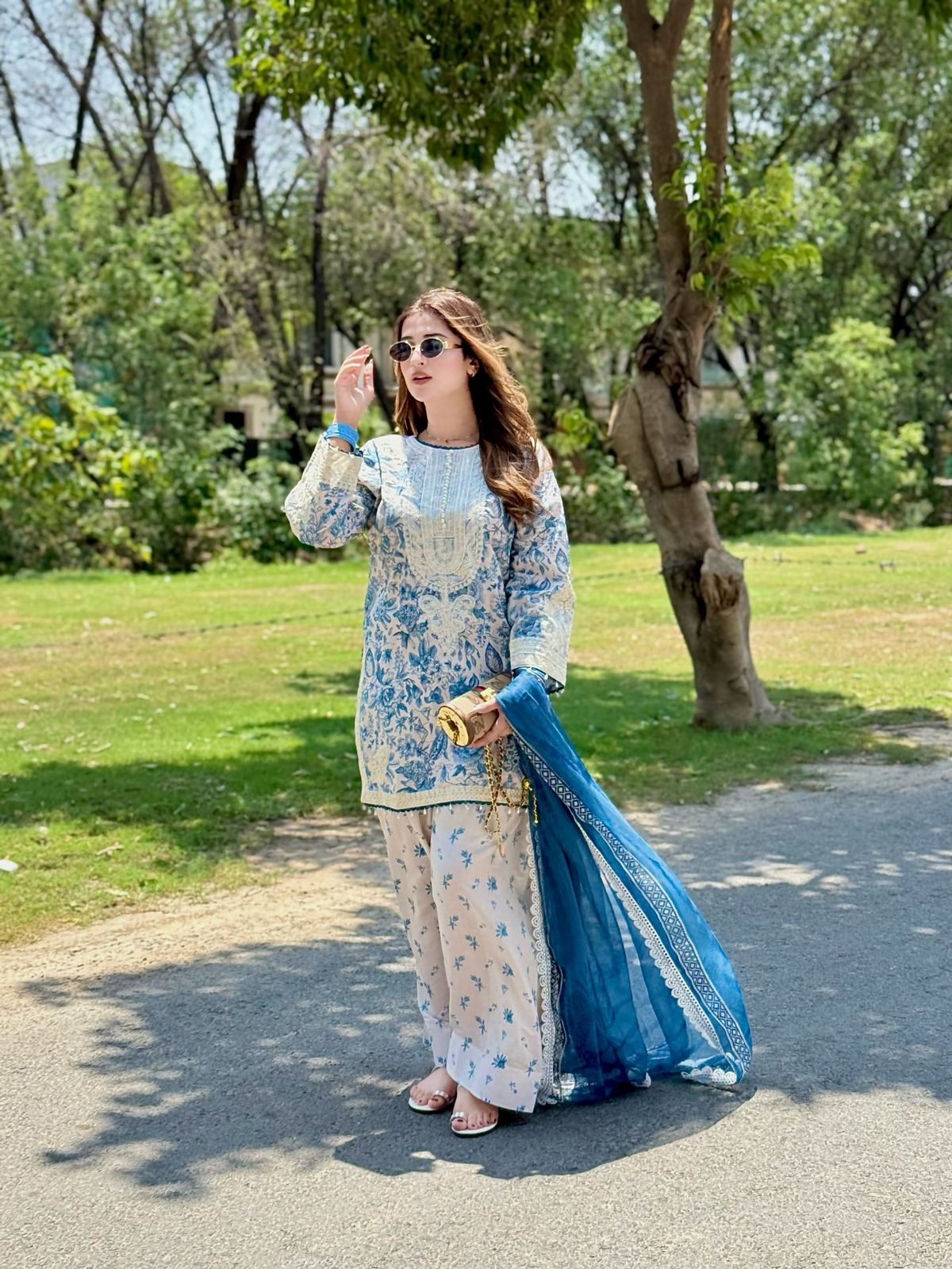 Women's Pure Natural Crepe Printed Embroidered Kurti with Farshi Palazzo