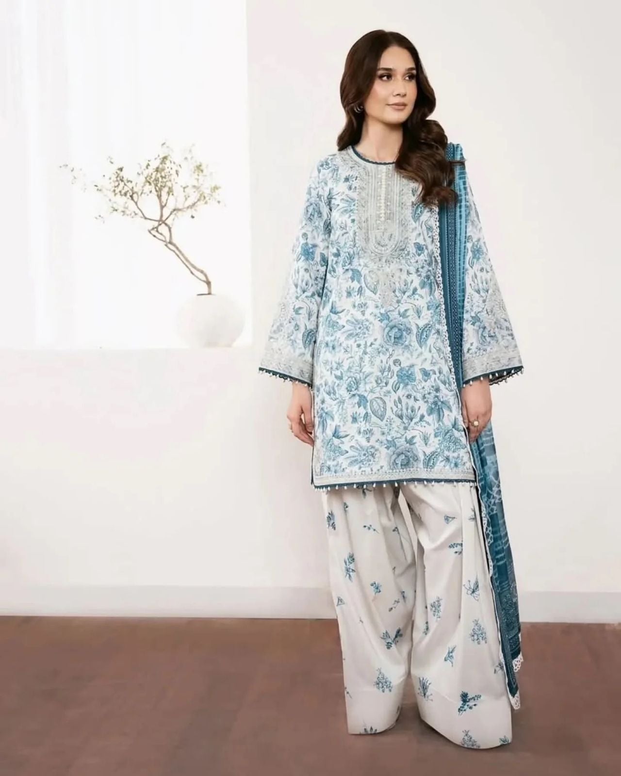 Women's Pure Natural Crepe Printed Embroidered Kurti with Farshi Palazzo