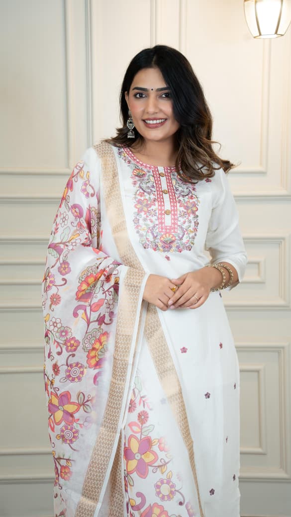 White Color Premium Roman Silk Embroidery Work Kurti