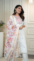 White Color Premium Roman Silk Embroidery Work Kurti