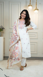 White Color Premium Roman Silk Embroidery Work Kurti