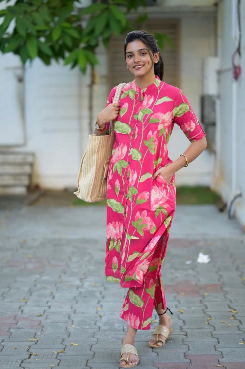Pure Cotton Pink Floral Cord Set