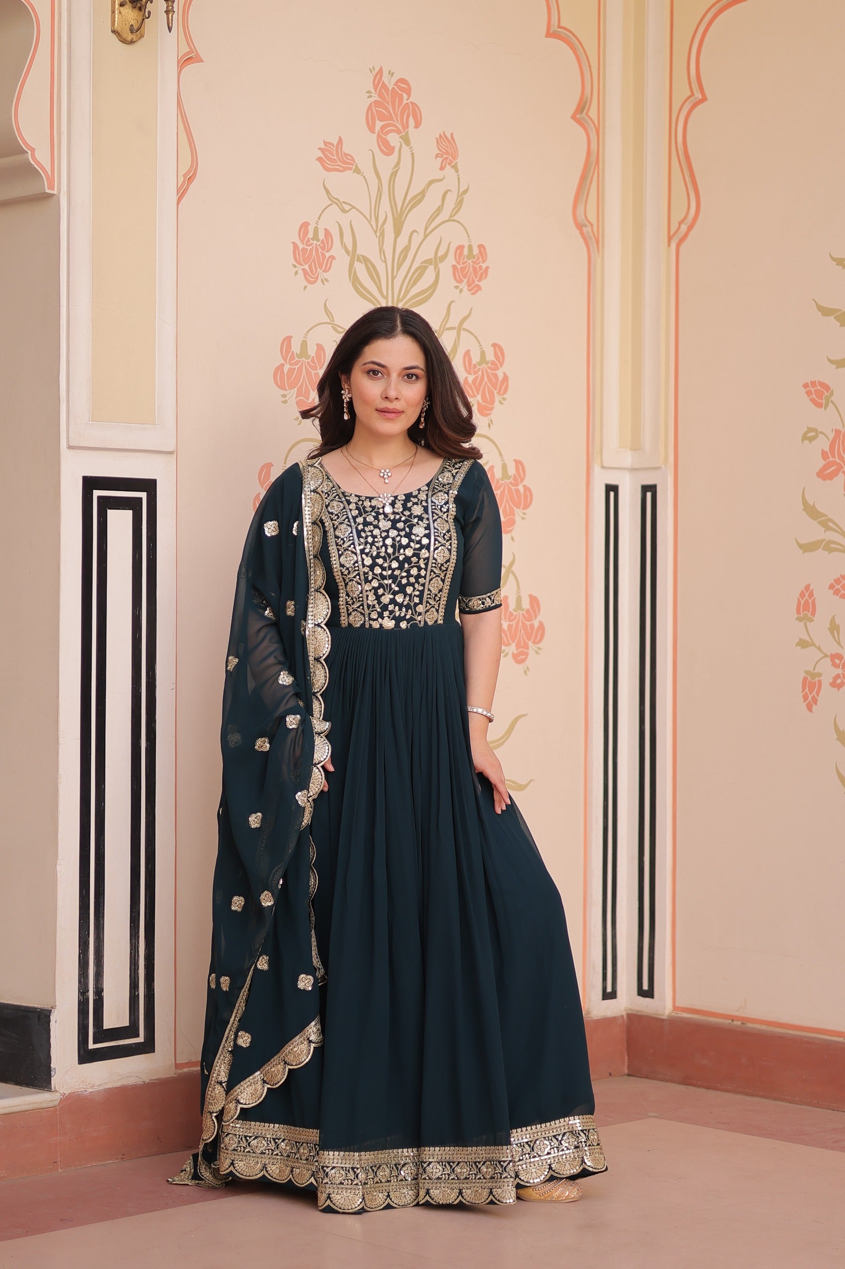 Red embroidered gown with dupatta stitched