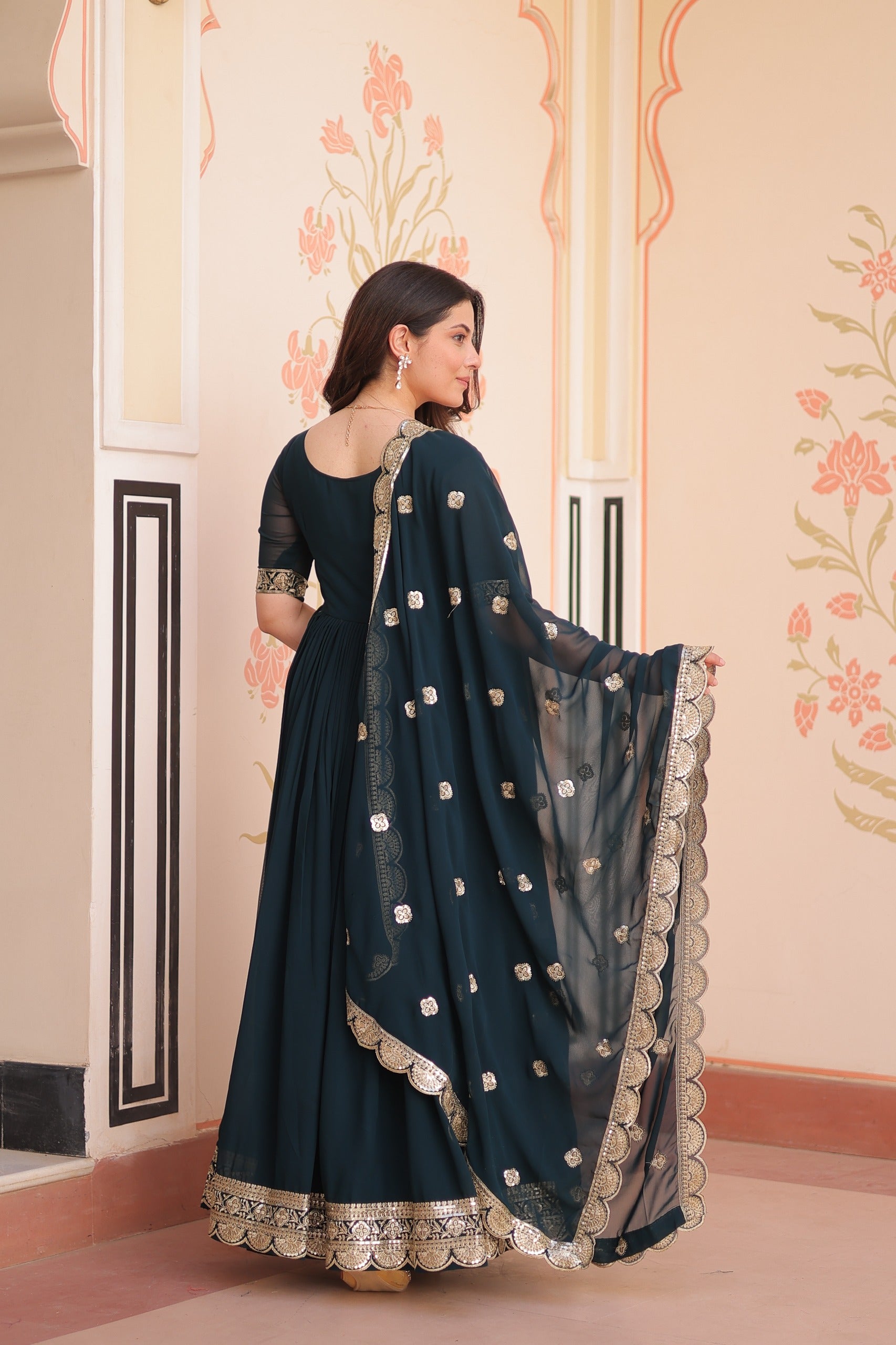 Red embroidered gown with dupatta stitched