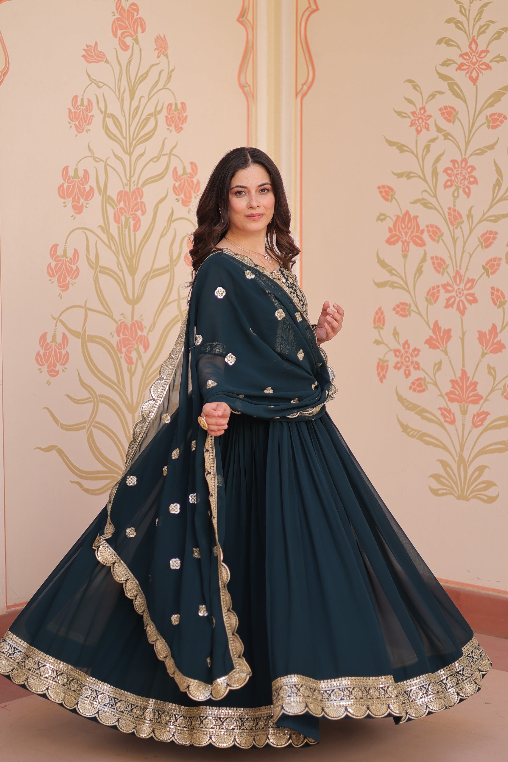 Red embroidered gown with dupatta stitched