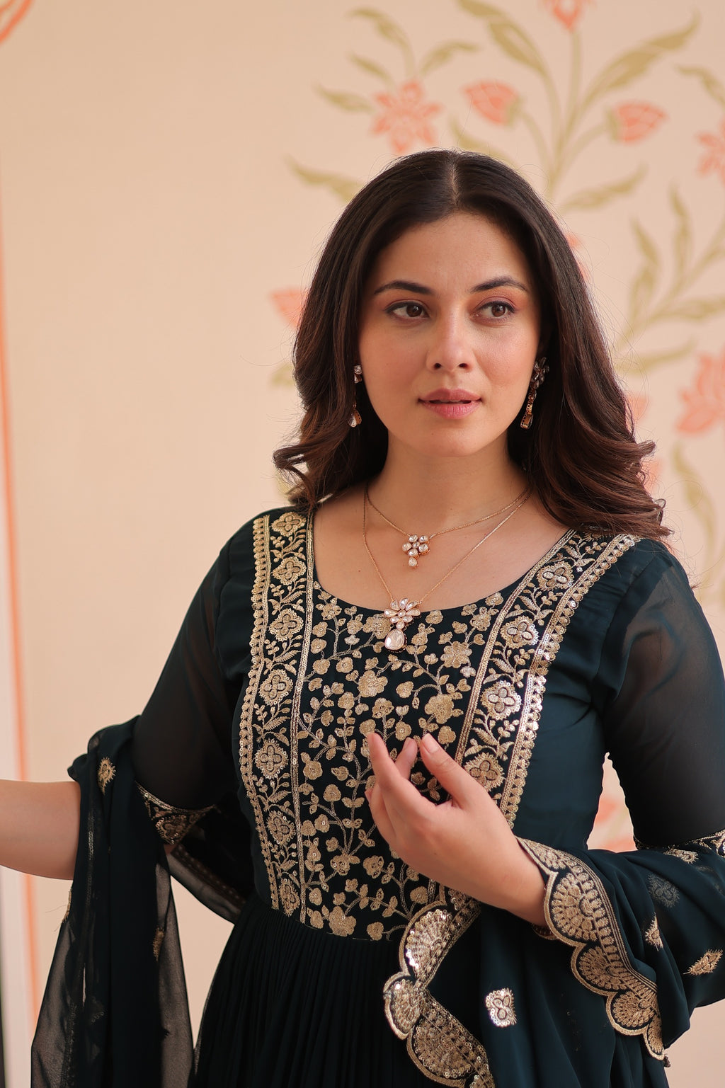 Red embroidered gown with dupatta stitched