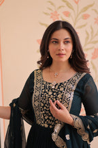 Red embroidered gown with dupatta stitched