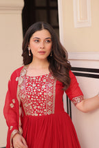 Red embroidered gown with dupatta stitched