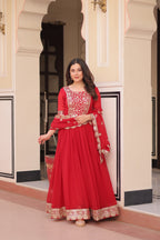 Red embroidered gown with dupatta stitched