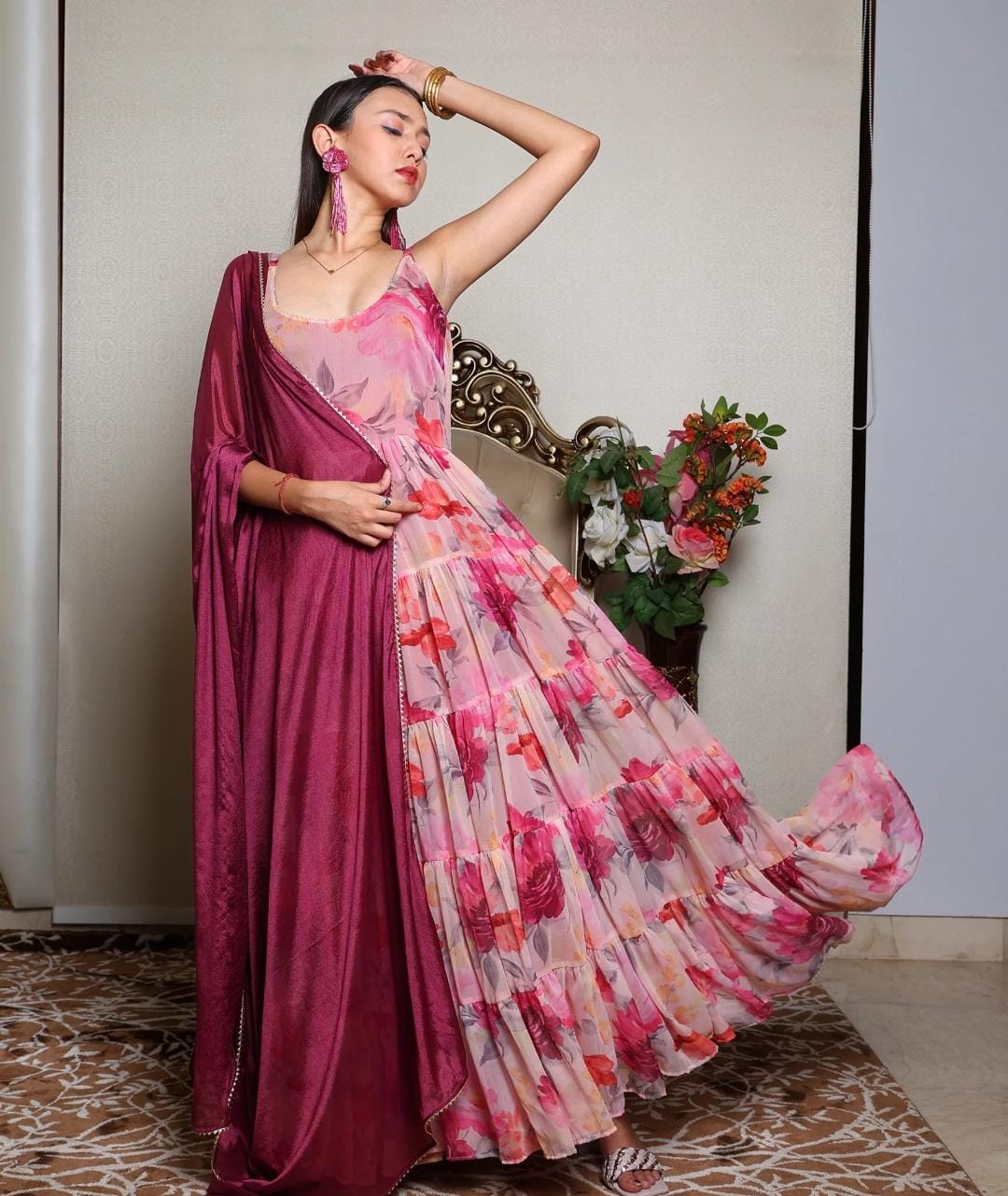 Strap Floral Gown With Dupatta