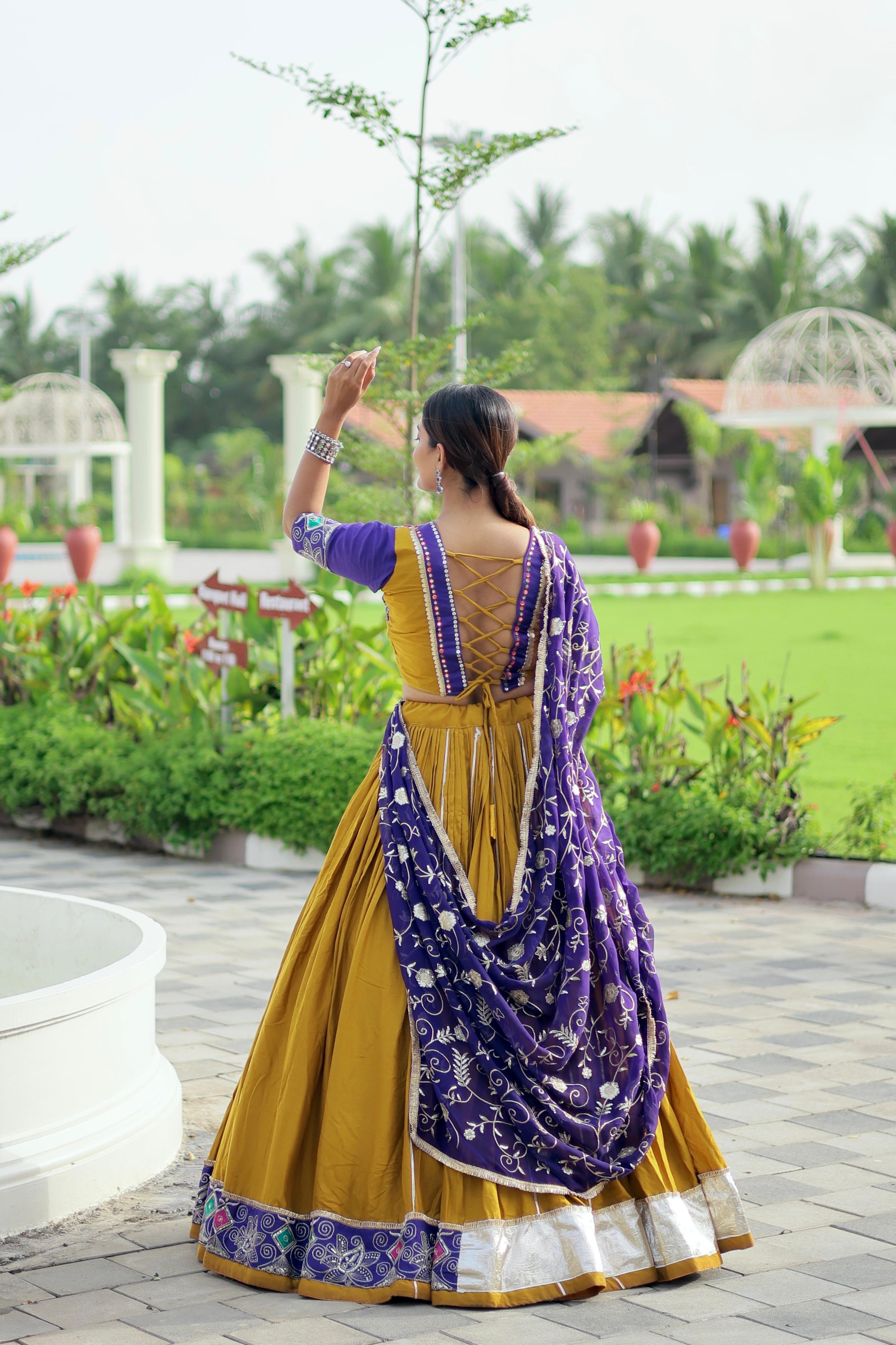Mustard Yellow & Royal Purple Pure Cotton Embroidered Lehenga Choli with Dupatta