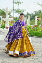 Mustard Yellow & Royal Purple Pure Cotton Embroidered Lehenga Choli with Dupatta