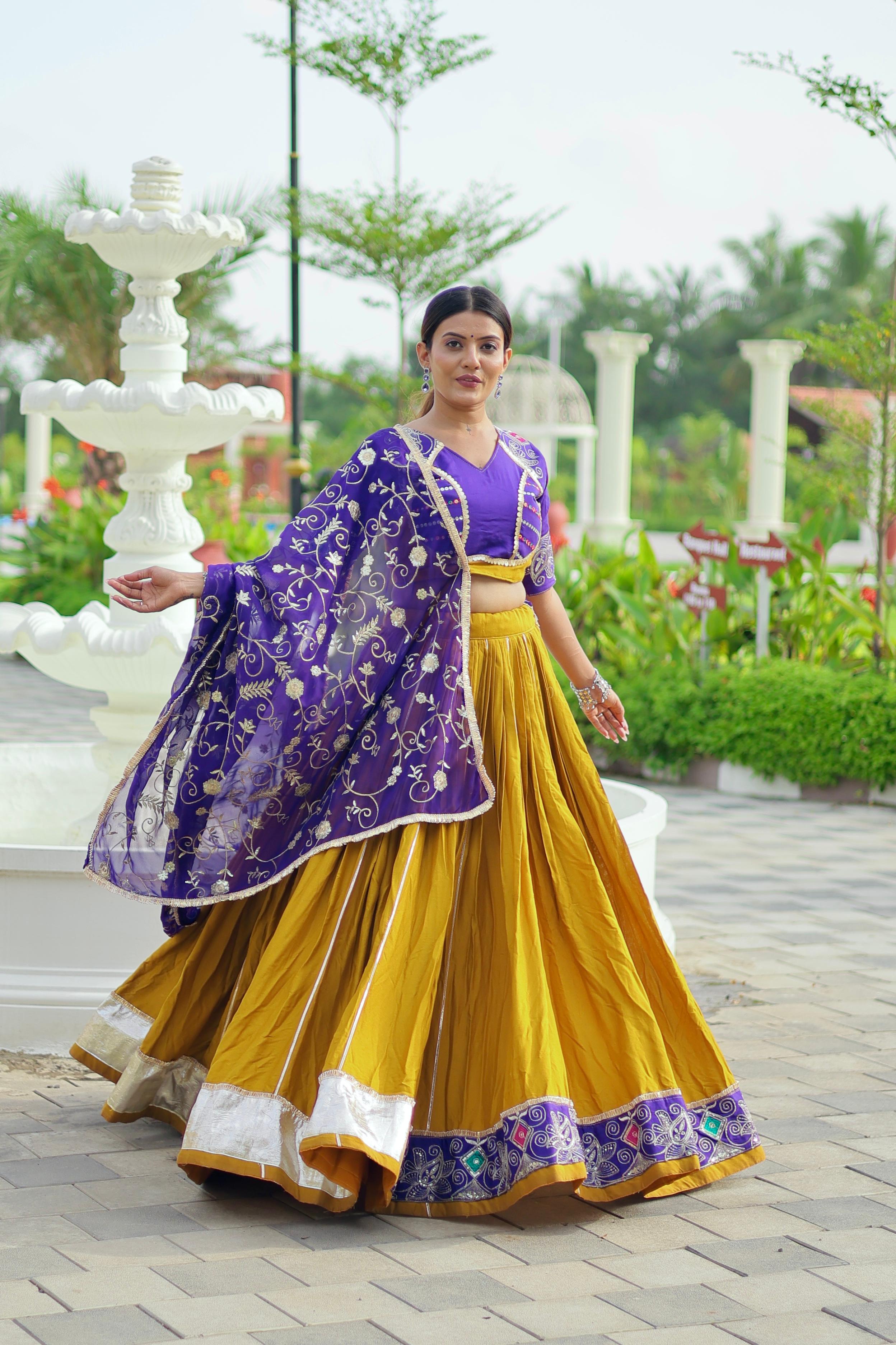 Mustard Yellow & Royal Purple Pure Cotton Embroidered Lehenga Choli with Dupatta