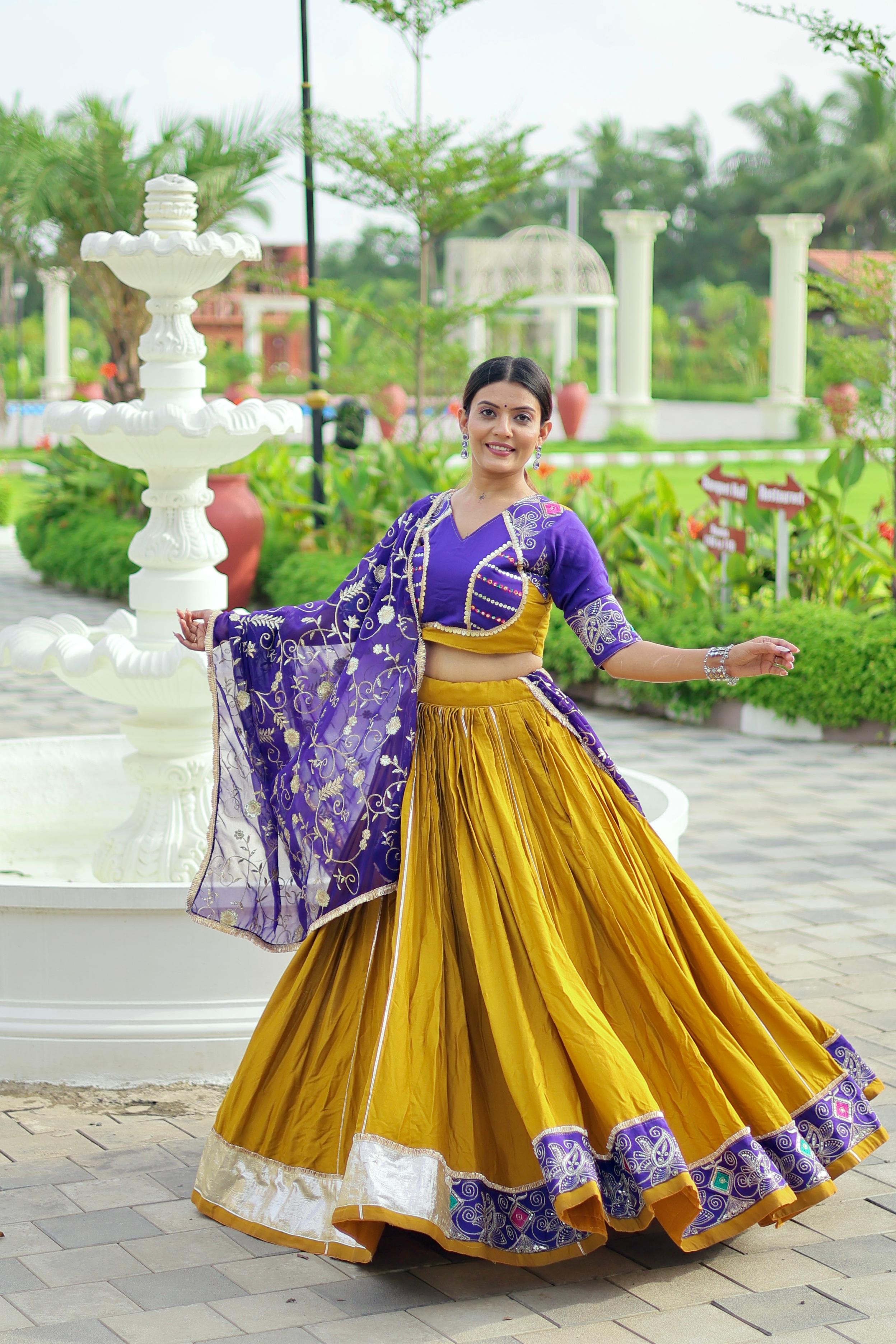 Mustard Yellow & Royal Purple Pure Cotton Embroidered Lehenga Choli with Dupatta