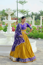 Mustard Yellow & Royal Purple Pure Cotton Embroidered Lehenga Choli with Dupatta
