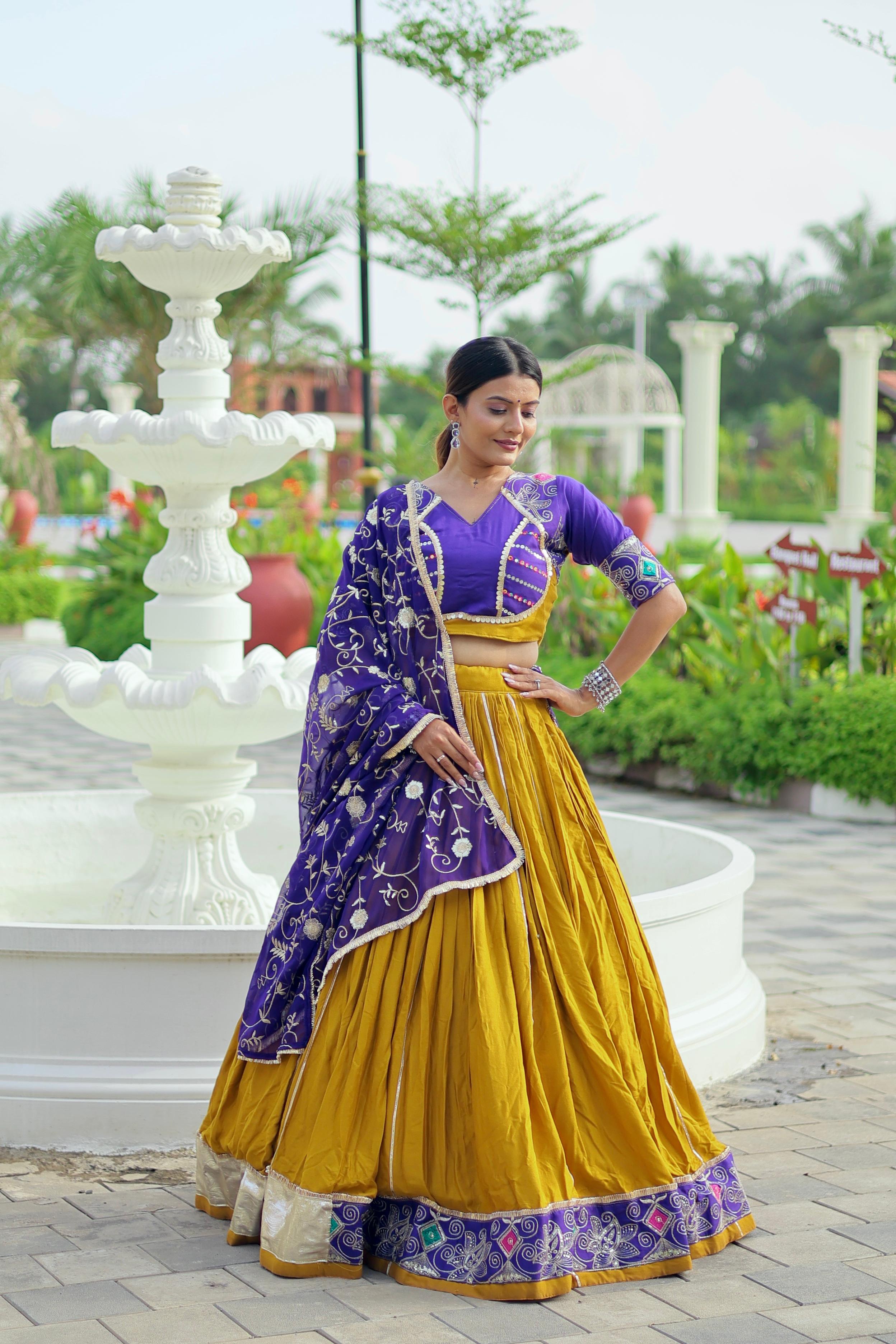 Mustard Yellow & Royal Purple Pure Cotton Embroidered Lehenga Choli with Dupatta