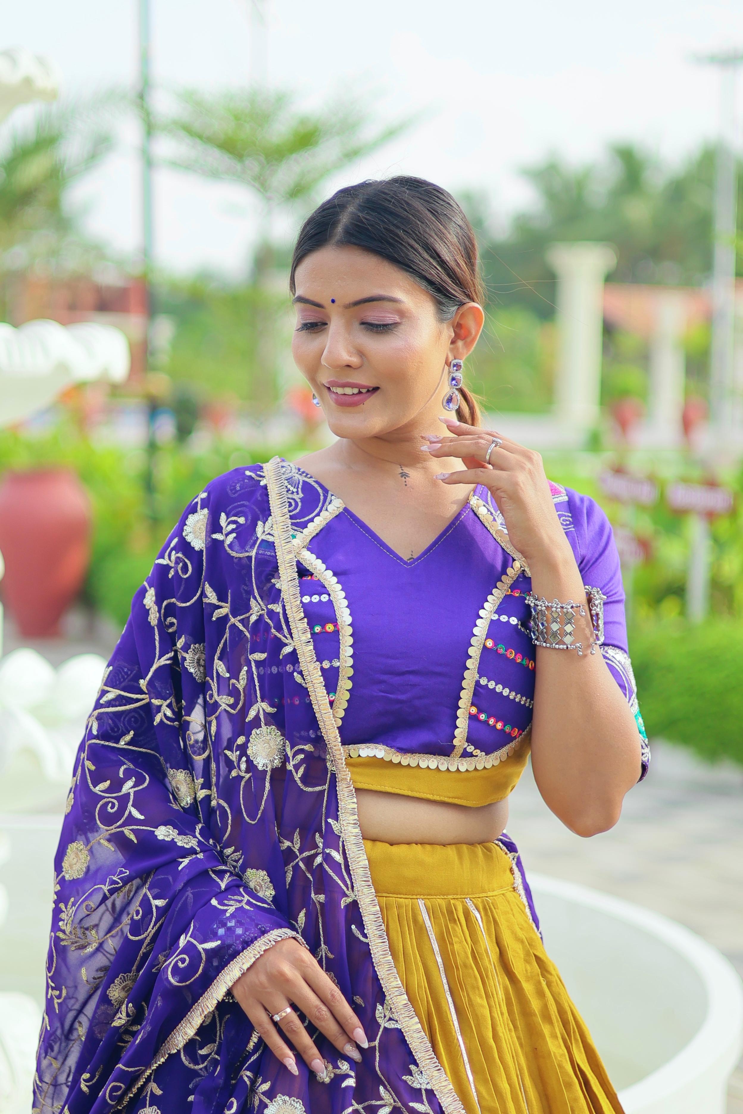 Mustard Yellow & Royal Purple Pure Cotton Embroidered Lehenga Choli with Dupatta